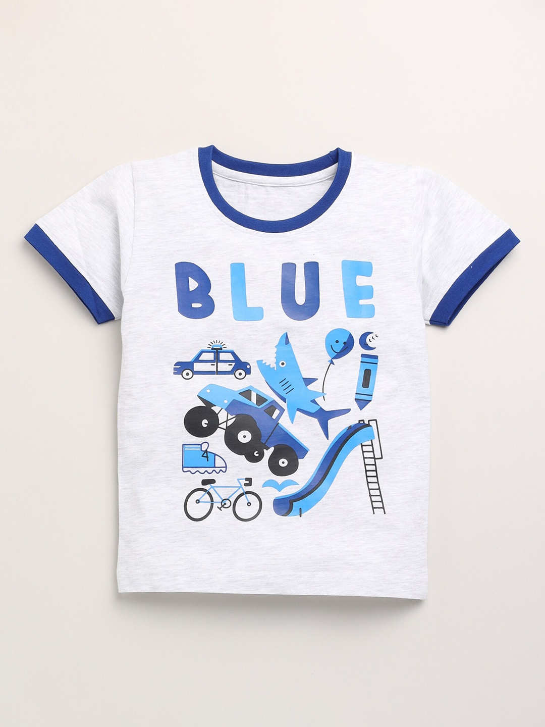 

Toonyport Boys Blue & White Typography Printed Pure Cotton T-shirt