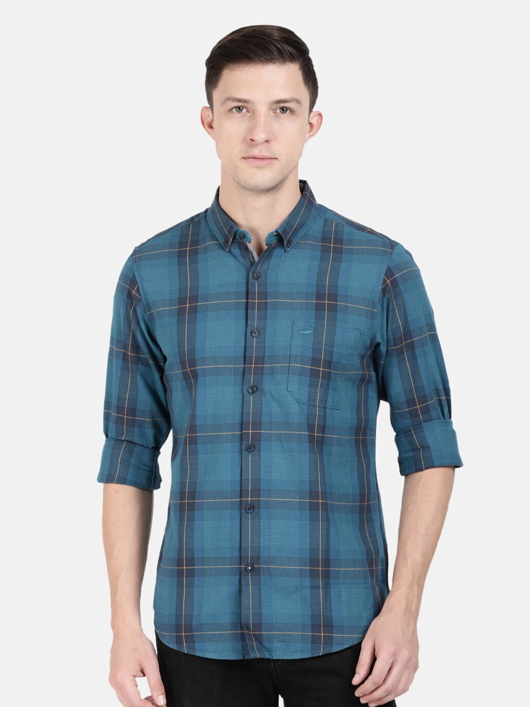 

Crocodile Men Teal Blue Classic Slim Fit Tartan Checks Checked Cotton Casual Shirt