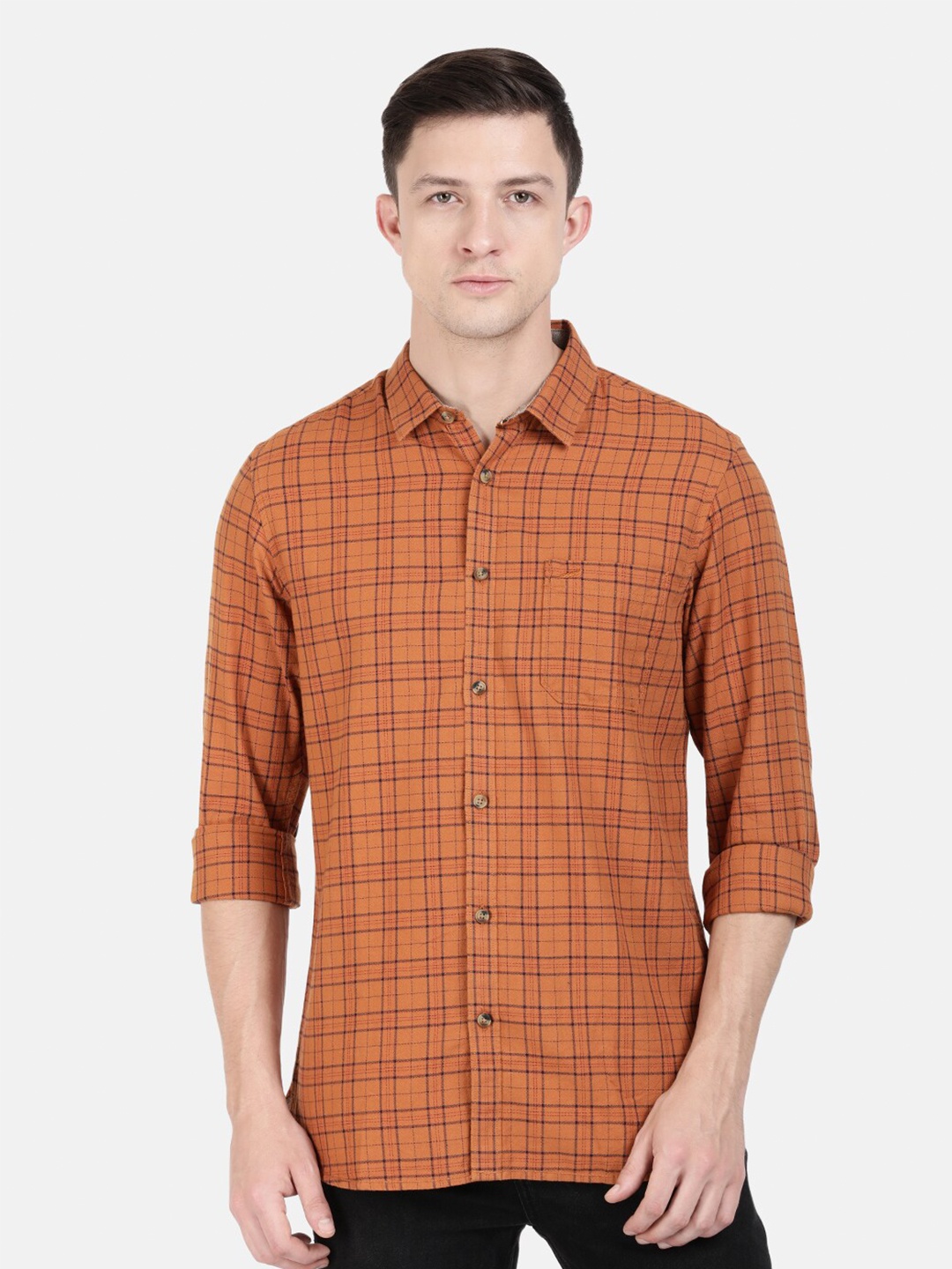

Crocodile Men Camel Brown Classic Slim Fit Tartan Checked Oxford Cotton Casual Shirt