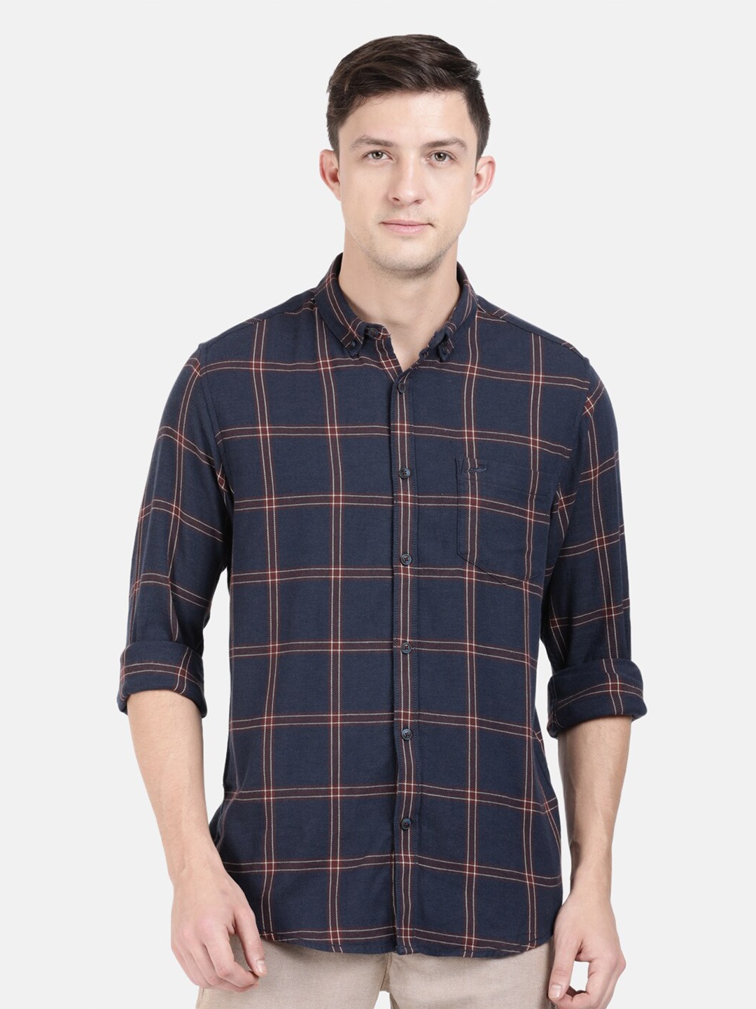 

Crocodile Men Navy Blue Classic Slim Fit Windowpane Checks Checked Cotton Casual Shirt