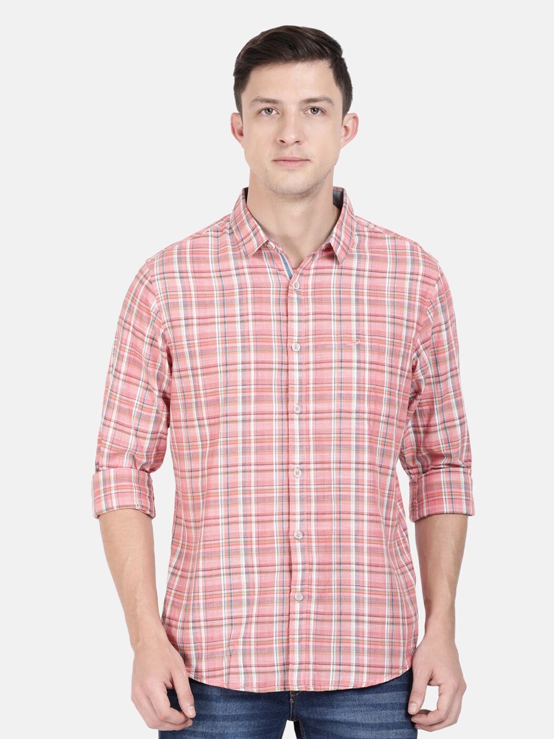 

Crocodile Men Pink Classic Slim Fit Tartan Checks Checked Cotton Casual Shirt