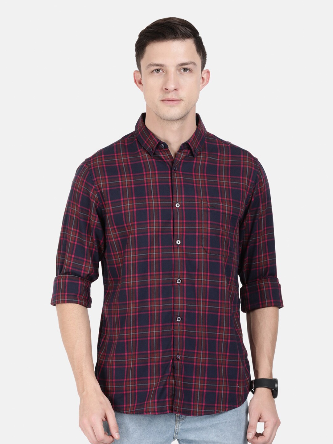 

Crocodile Men Navy Blue & Maroon Classic Slim Fit Tartan Checked Casual Shirt