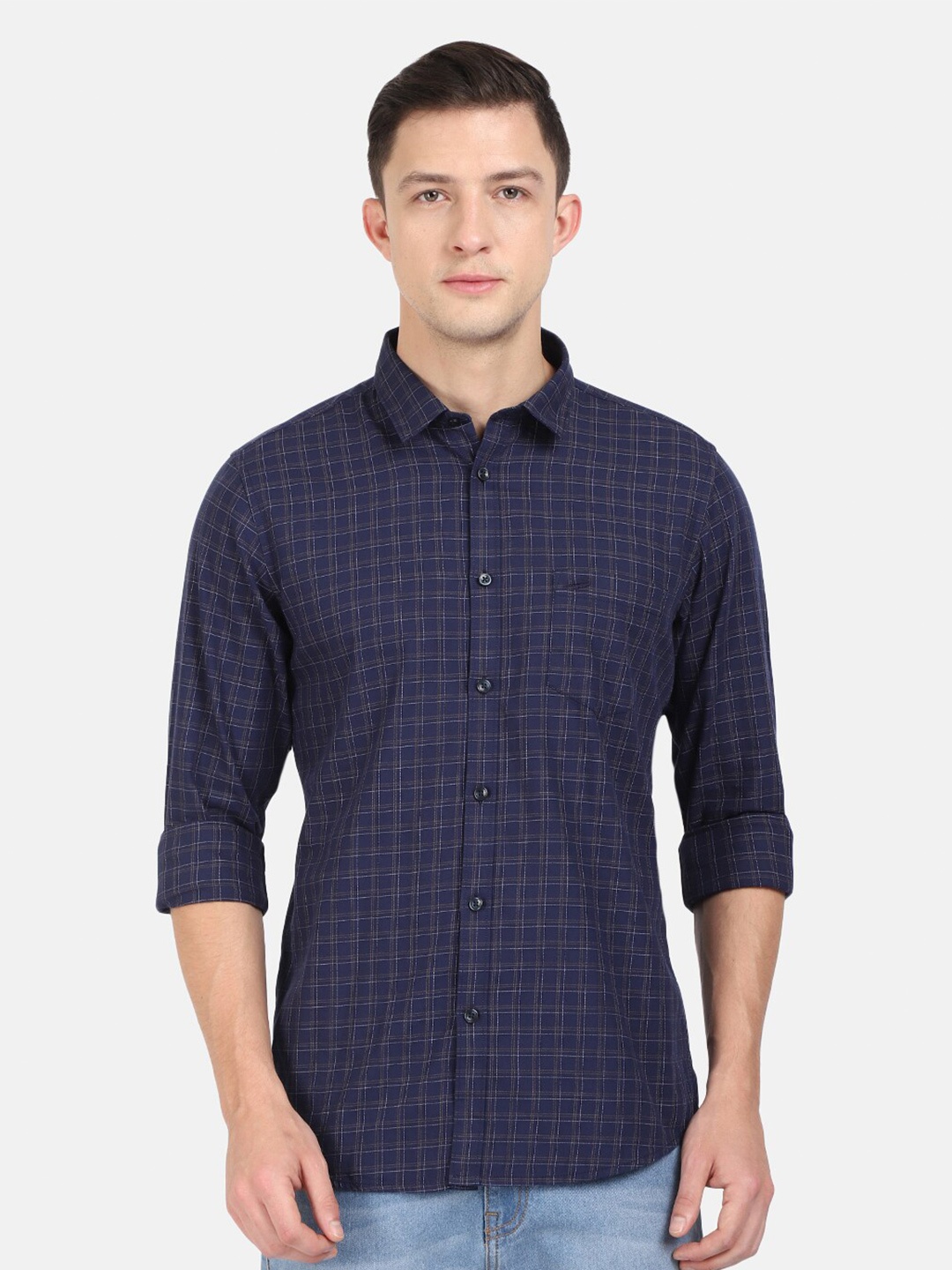 

Crocodile Men Navy Blue Classic Slim Fit Checked Cotton Casual Shirt