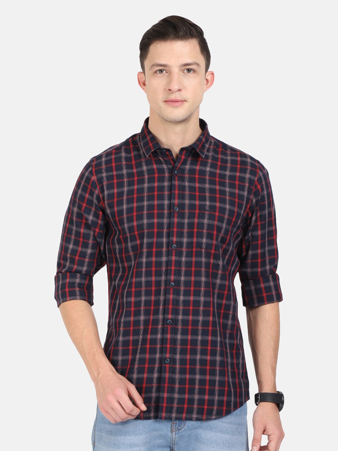 

Crocodile Men Navy Blue Classic Slim Fit Checked Casual Shirt