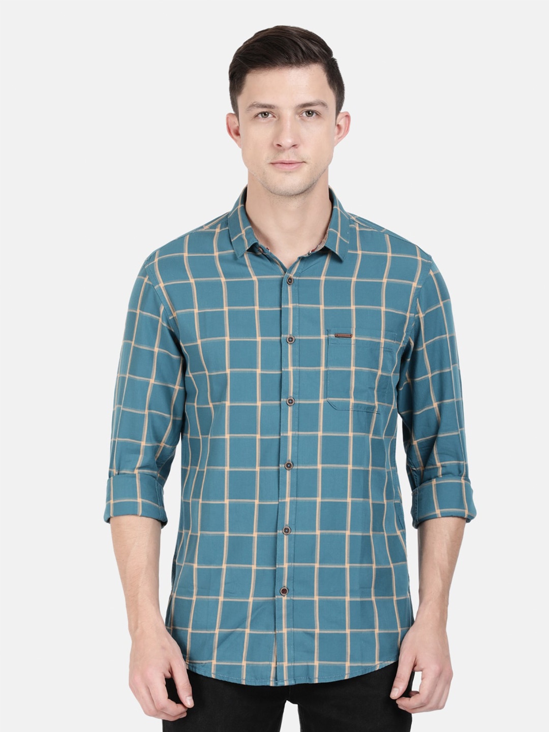 

Crocodile Men Teal Classic Slim Fit Windowpane Checks Checked Casual Shirt