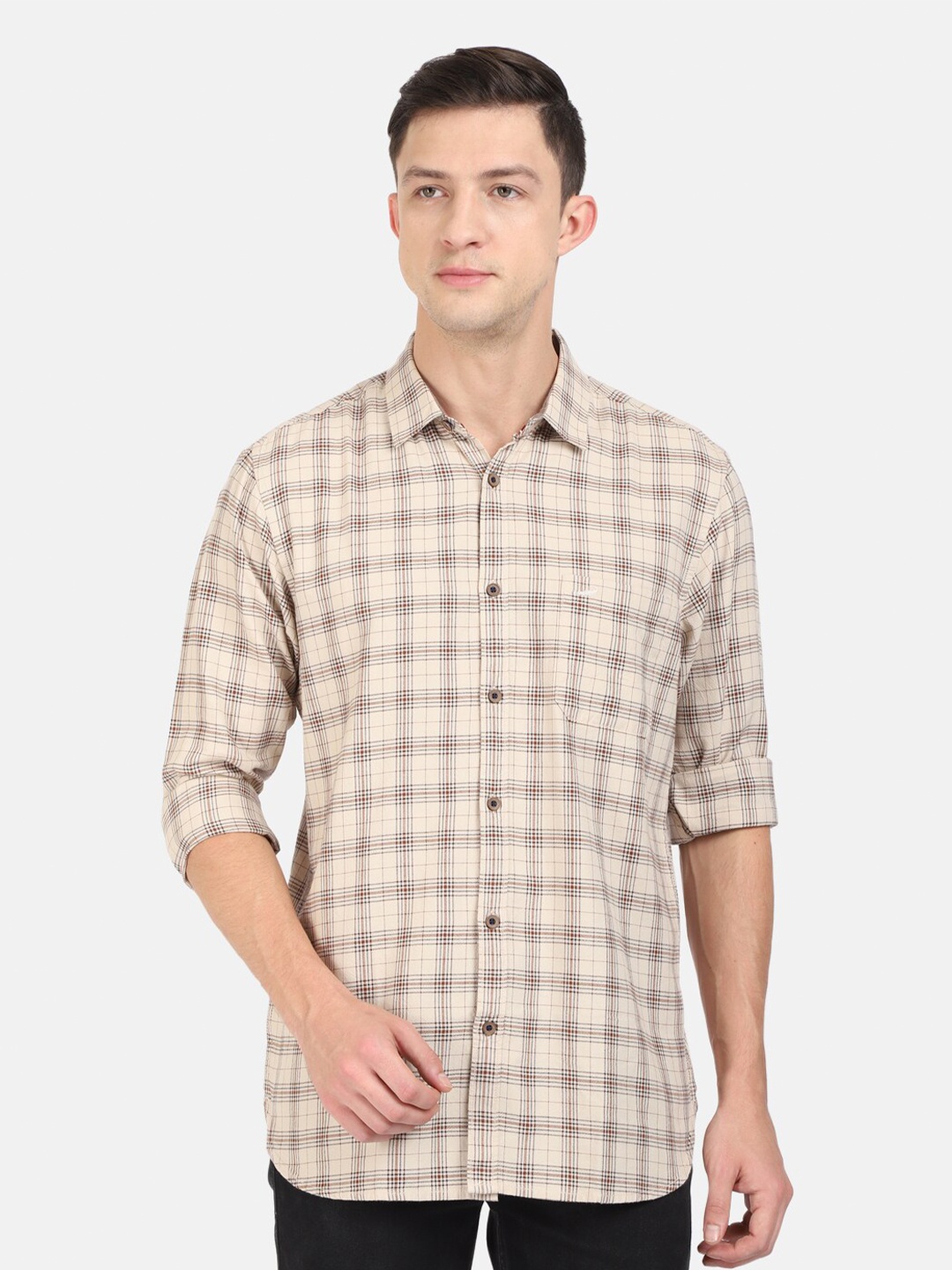 

Crocodile Men Cream Checked Classic Slim Fit Cotton Casual Shirt