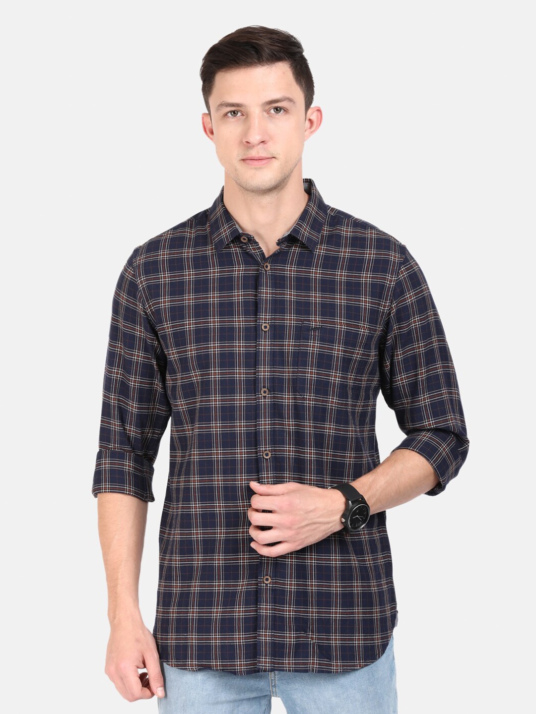 

Crocodile Men Navy Blue Classic Slim Fit Tartan Checked Casual Shirt