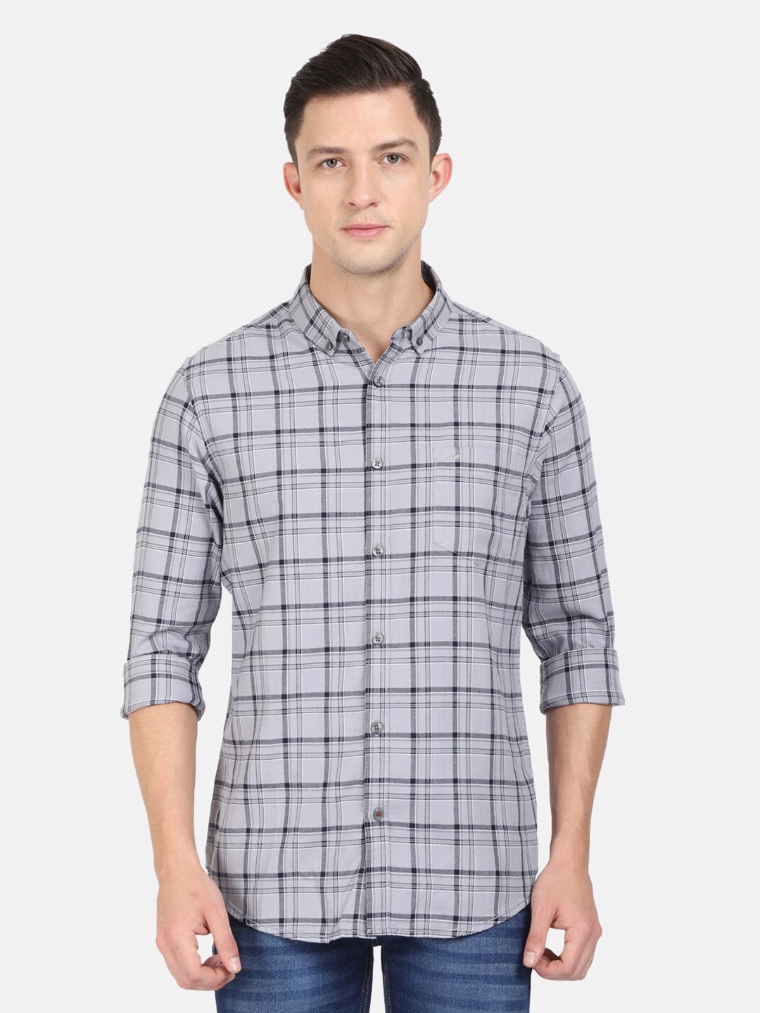 

Crocodile Men Grey Classic Slim Fit Tartan Checked Cotton Casual Shirt
