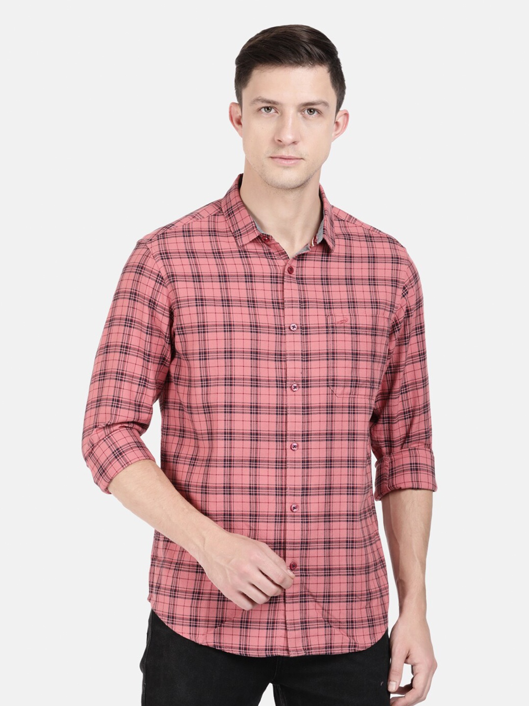 

Crocodile Men Pink Classic Slim Fit Tartan Checks Checked Cotton Casual Shirt