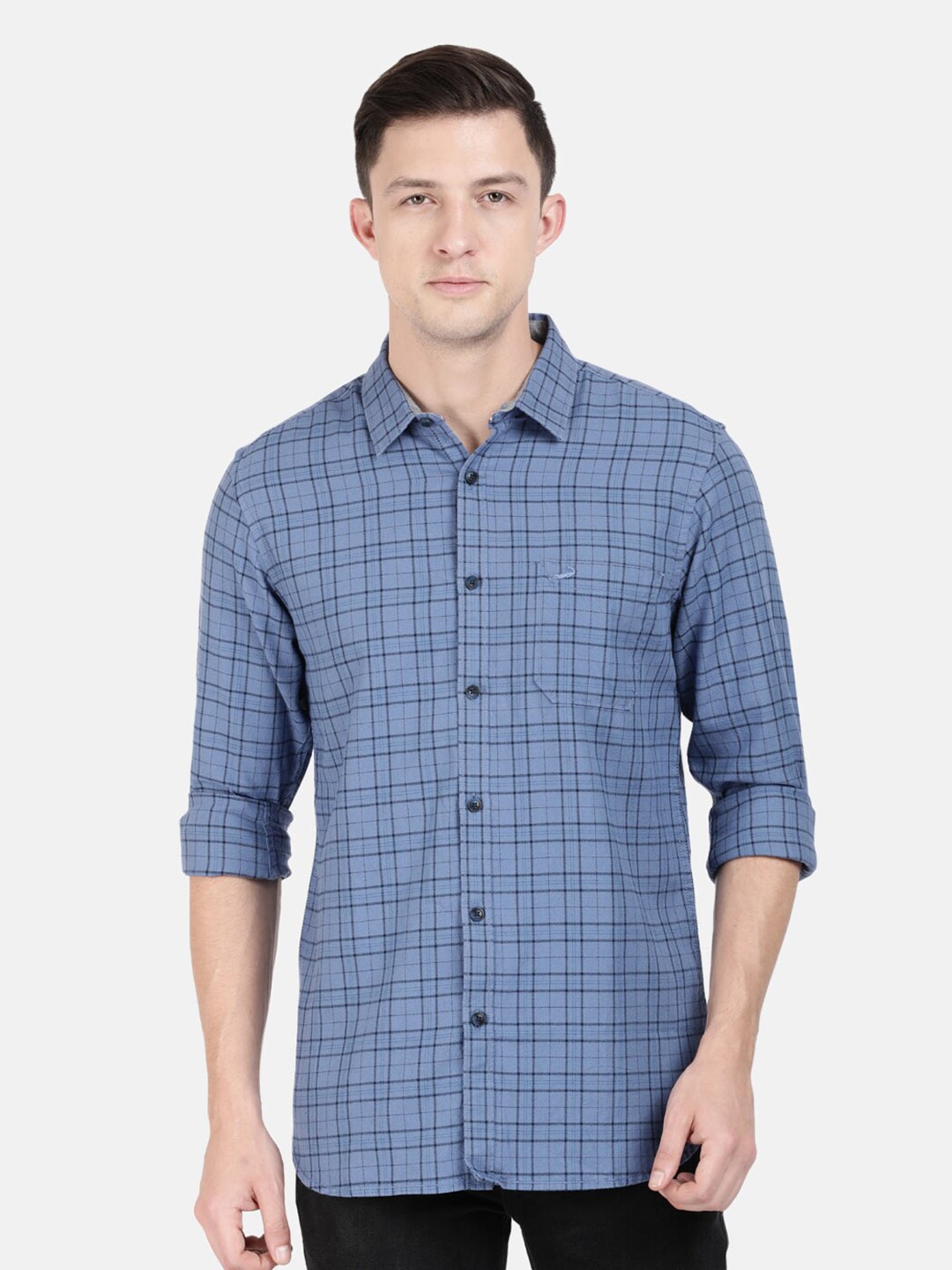 

Crocodile Men Blue Classic Slim Fit Tartan Checks Checked Cotton Casual Shirt