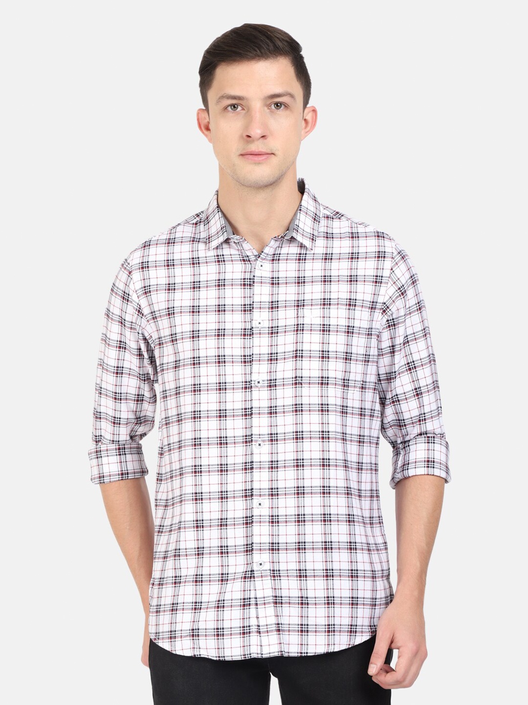 

Crocodile Men White Classic Slim Fit Tartan Checks Checked Casual Shirt