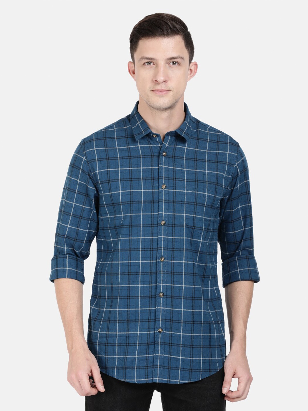 

Crocodile Men Navy Blue Classic Slim Fit Tartan Checked Cotton Casual Shirt