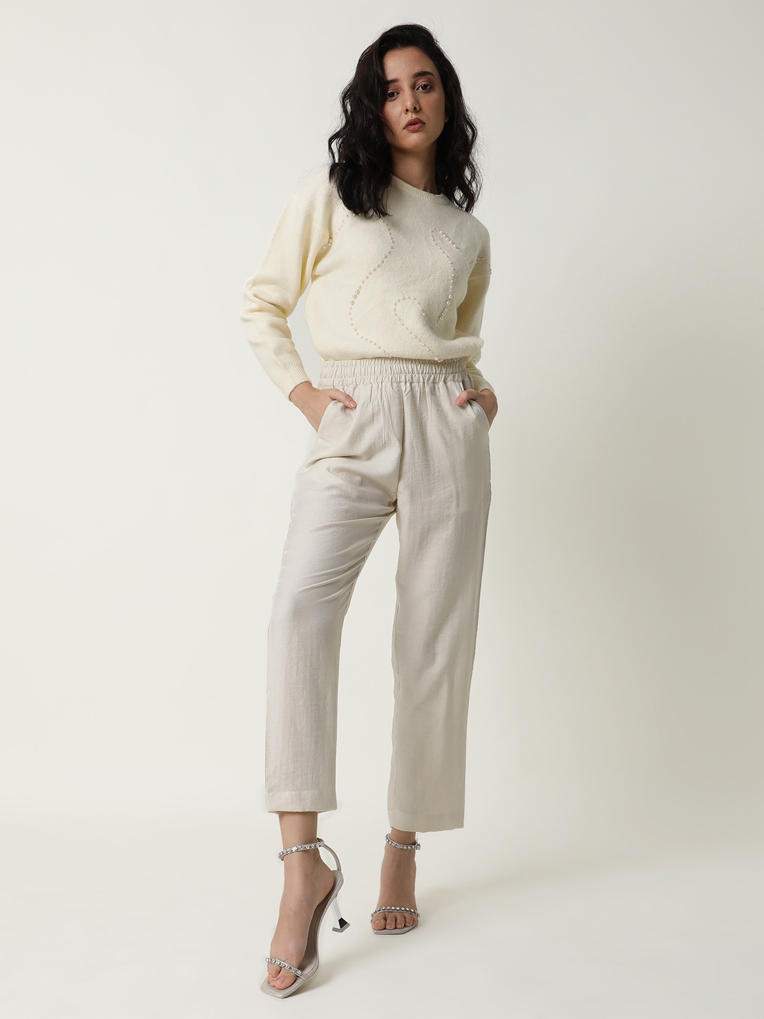 

RAREISM Women Beige Tailored High-Rise Pleated Trousers