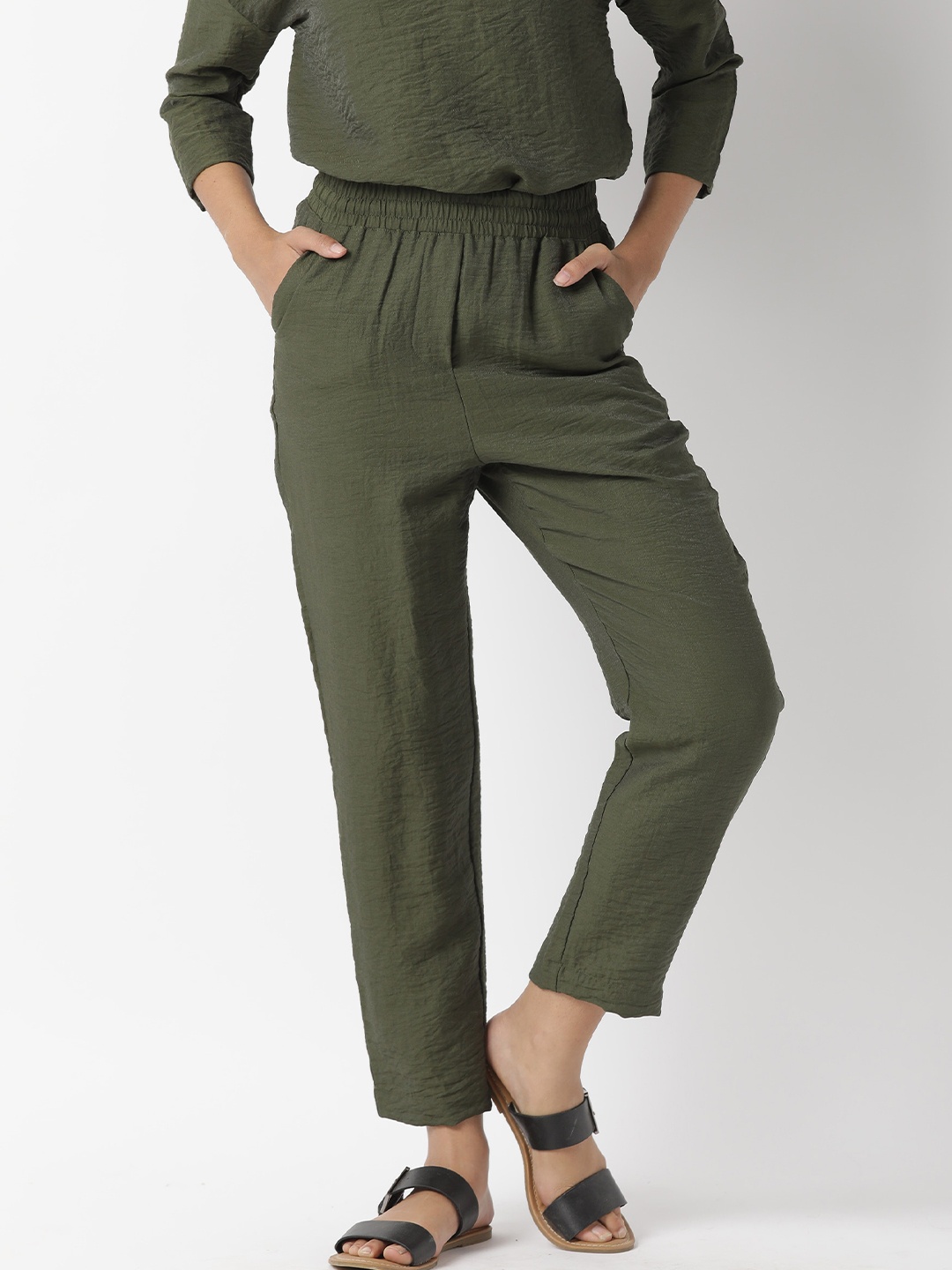 

RAREISM Women Green Tailored High-Rise Pleated Trousers