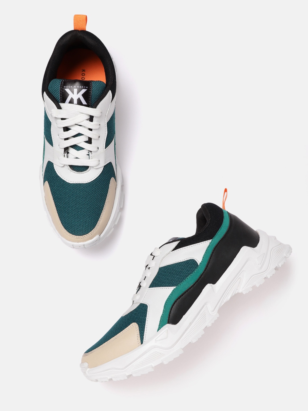 

Kook N Keech Men Teal Green & White Woven Design & Colourblocked Sneakers