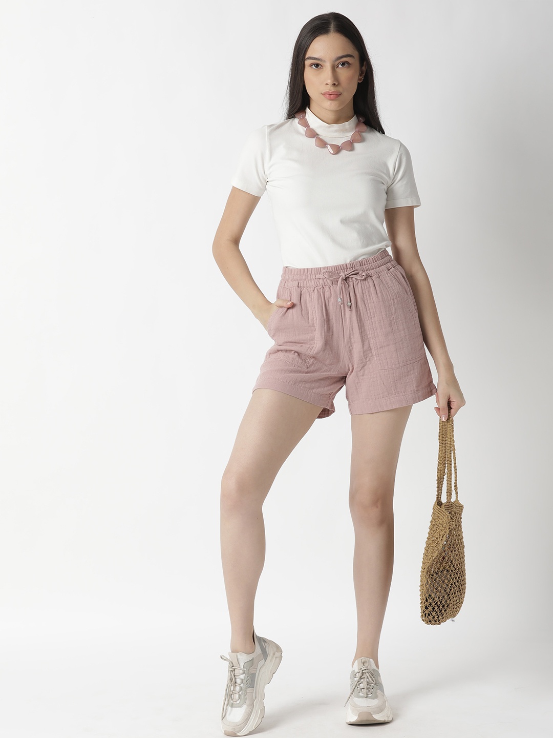 

RAREISM Women Pink Regular Fit High-Rise Cotton Shorts