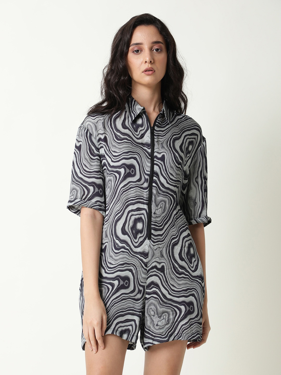 

RAREISM Black & Grey Modal Printed Modal Jumpsuit