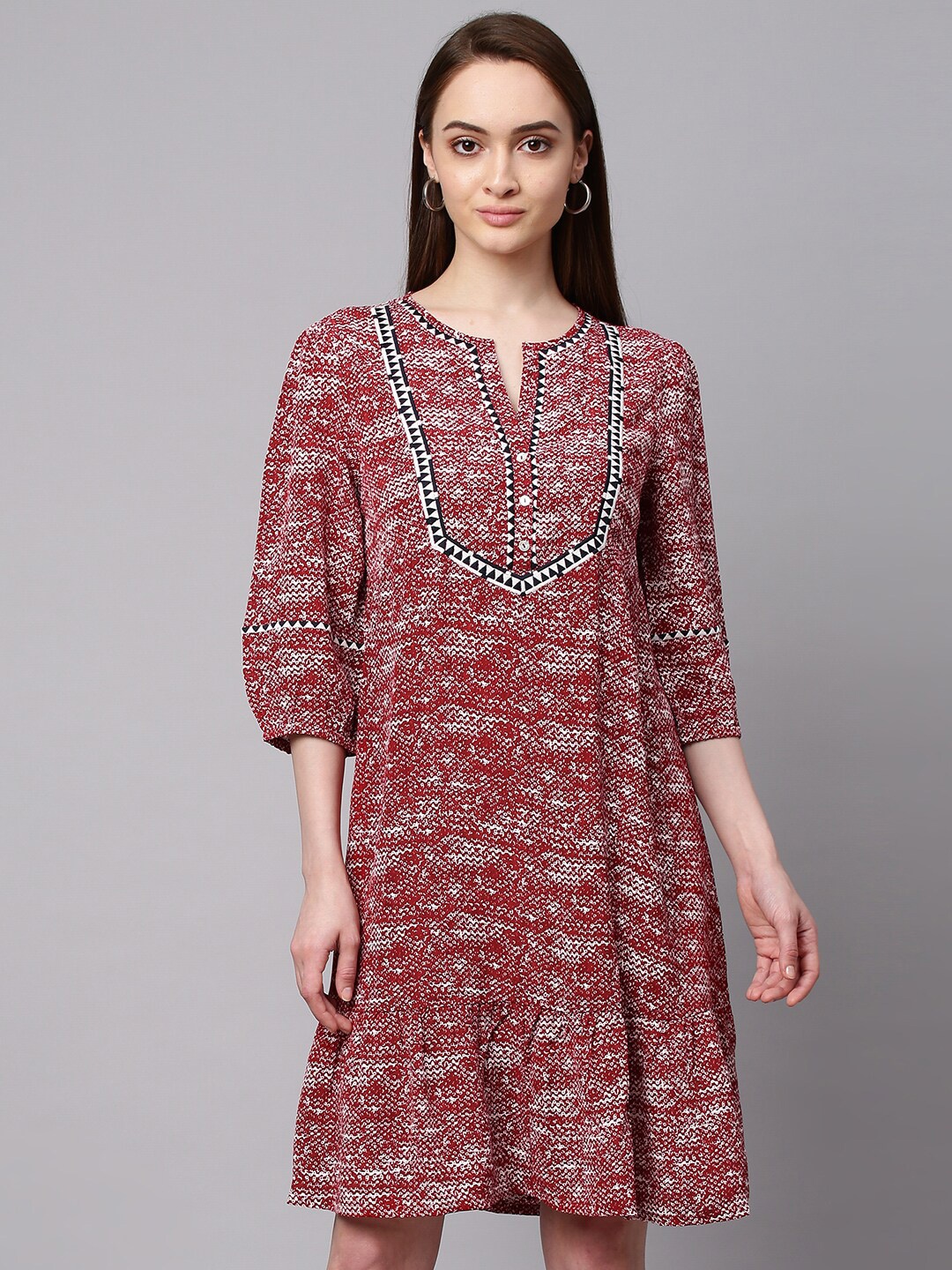 

Chemistry Red & White Ethnic Motifs Crepe A-Line Dress