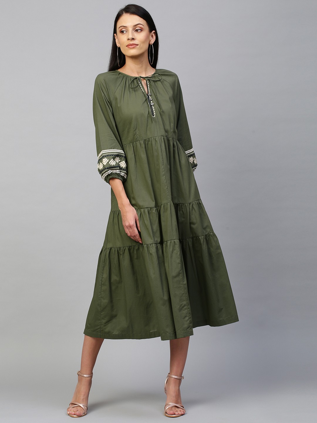 

Chemistry Olive Green Embroidered Tiered Pure Cotton A-Line Midi Dress