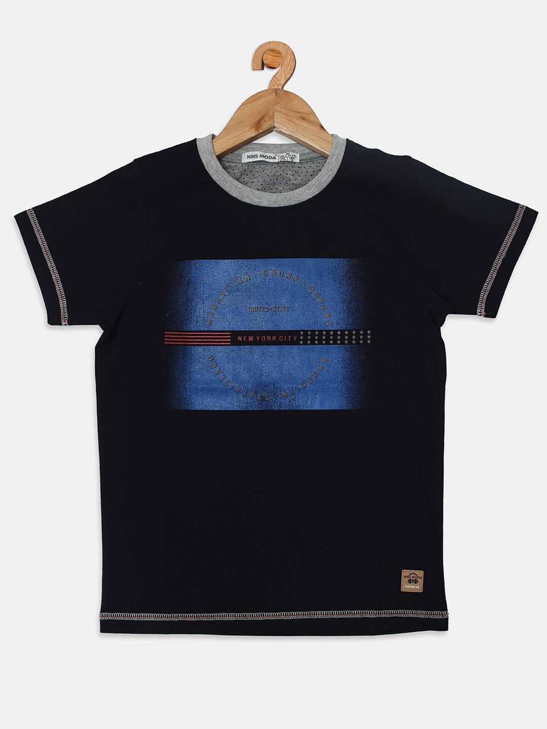 

Nins Moda Boys Navy Blue Printed Cotton T-shirt