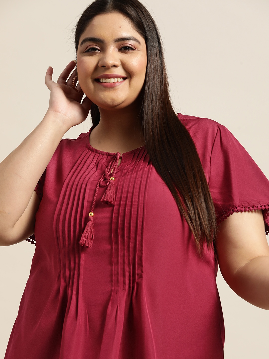 

Sztori Women Plus Size Maroon Solid Tie-Up Neck Top