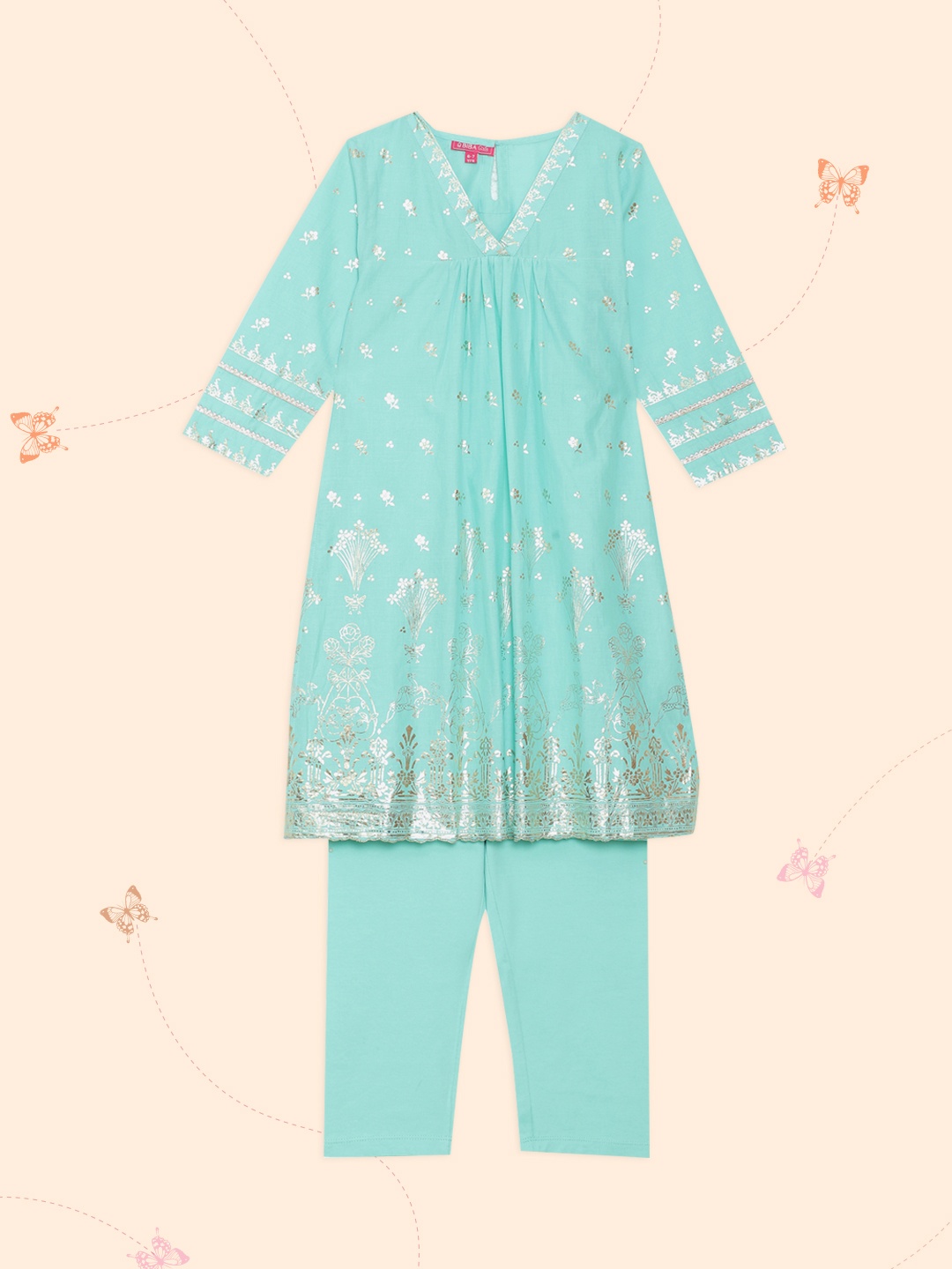 

Biba Girls Blue Floral Printed Pleated Kurta with Trousers