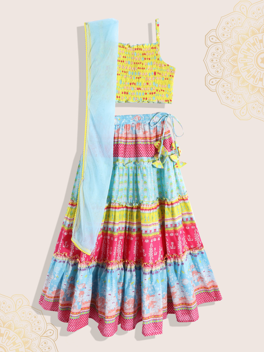 

Biba Girls Yellow & Blue Printed Smocked Ready to Wear Lehenga & Blouse With Dupatta
