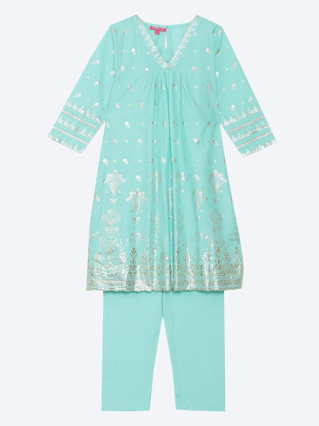 

Biba Girls Blue Floral Printed Pleated Kurta with Trousers
