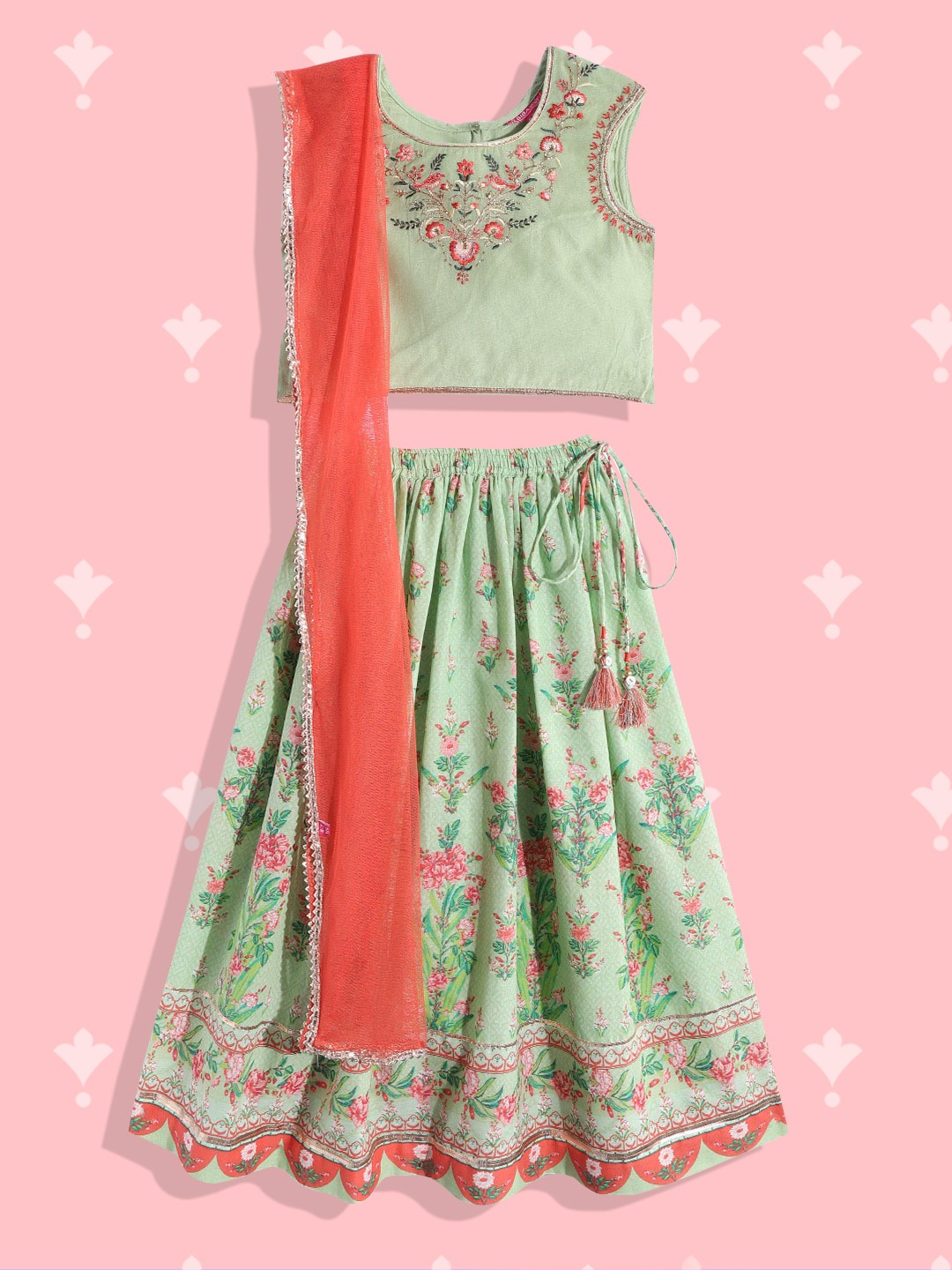 

Biba Girls Sea Green & Pink Embroidered Ready to Wear Lehenga & Blouse With Dupatta
