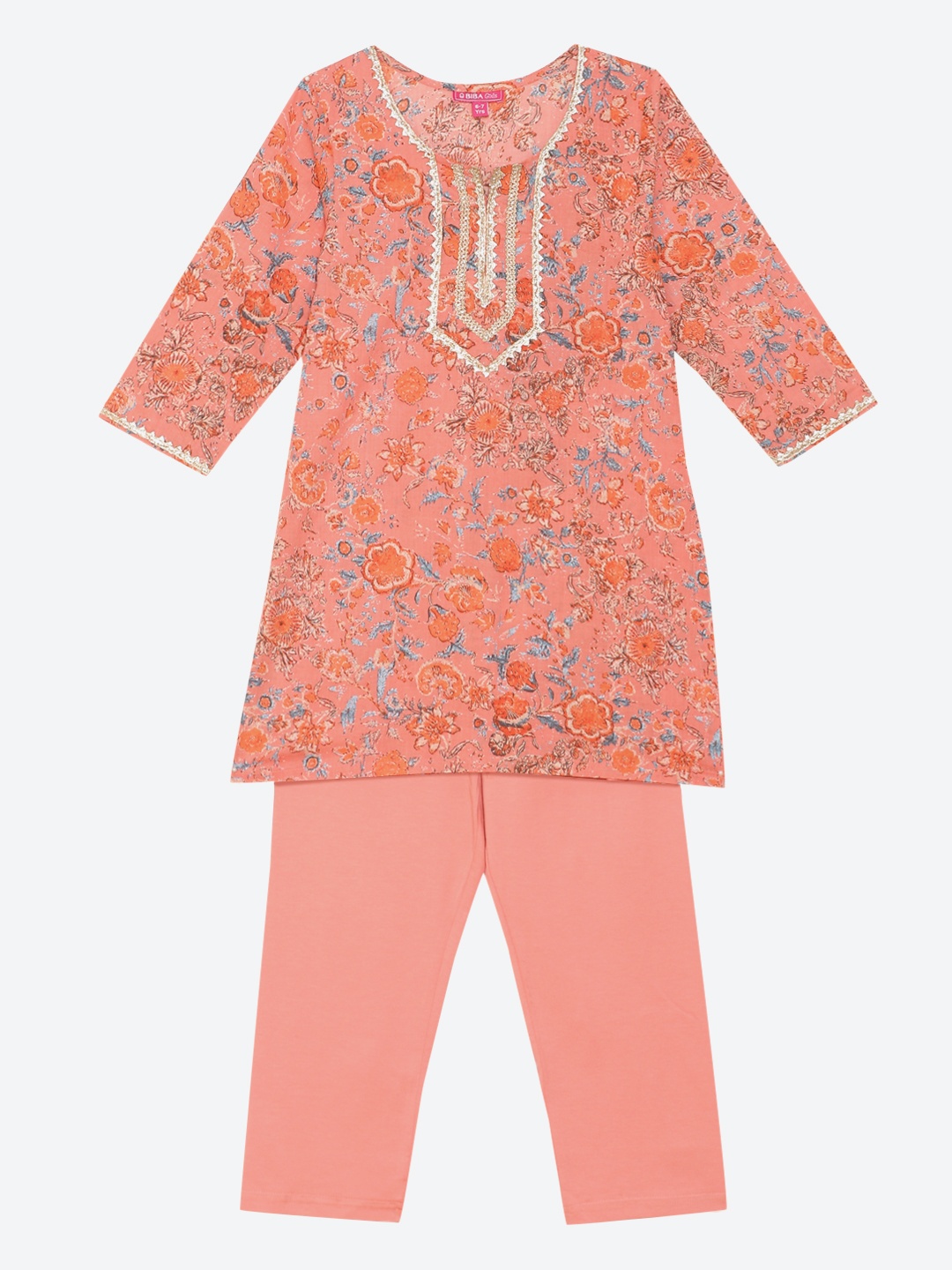 

Biba Girls Orange Floral Printed Pure Cotton Kurta with Trousers