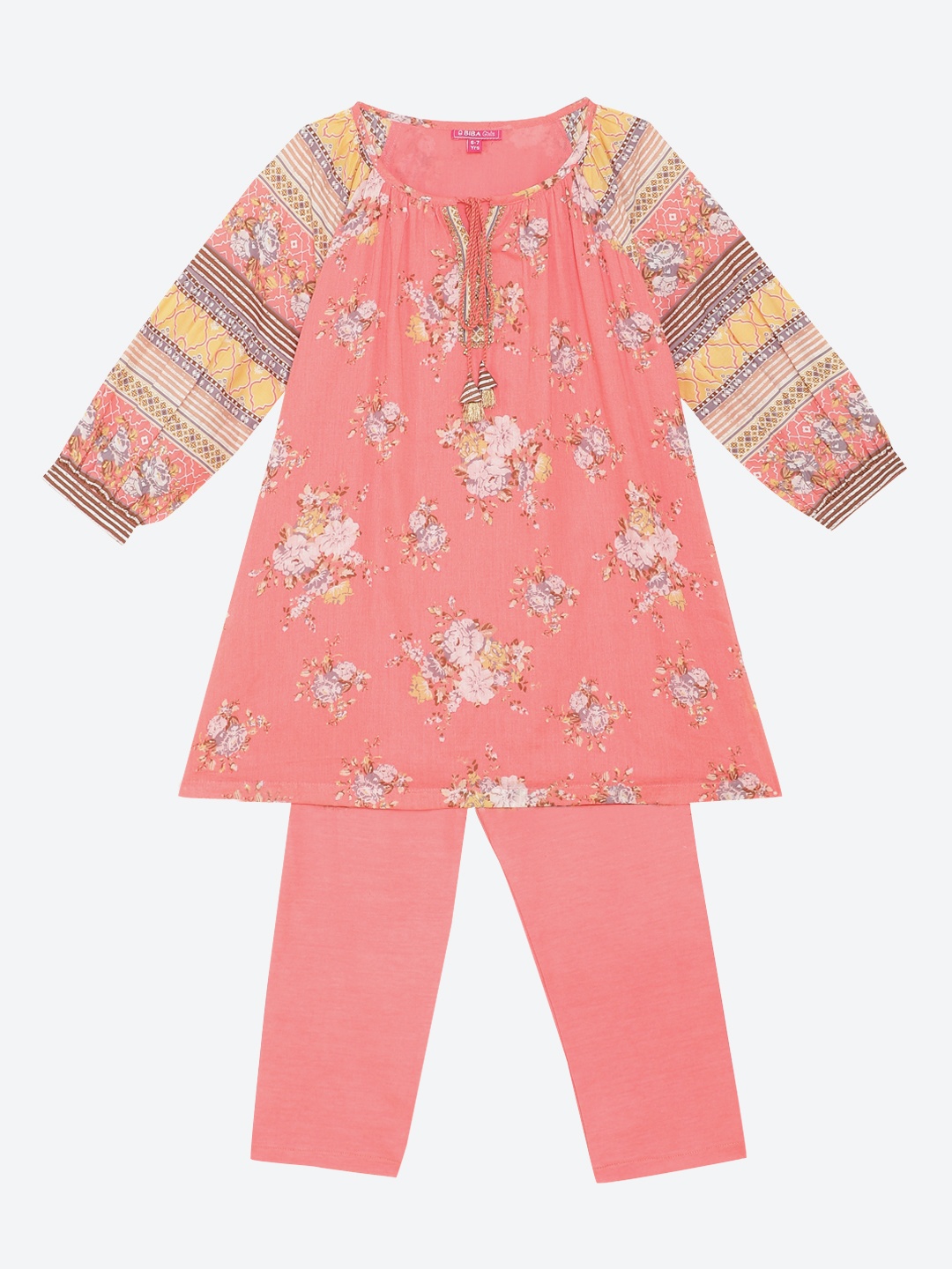 

Biba Girls Peach-Coloured Floral Printed Kurta with Trousers & Sling Bag