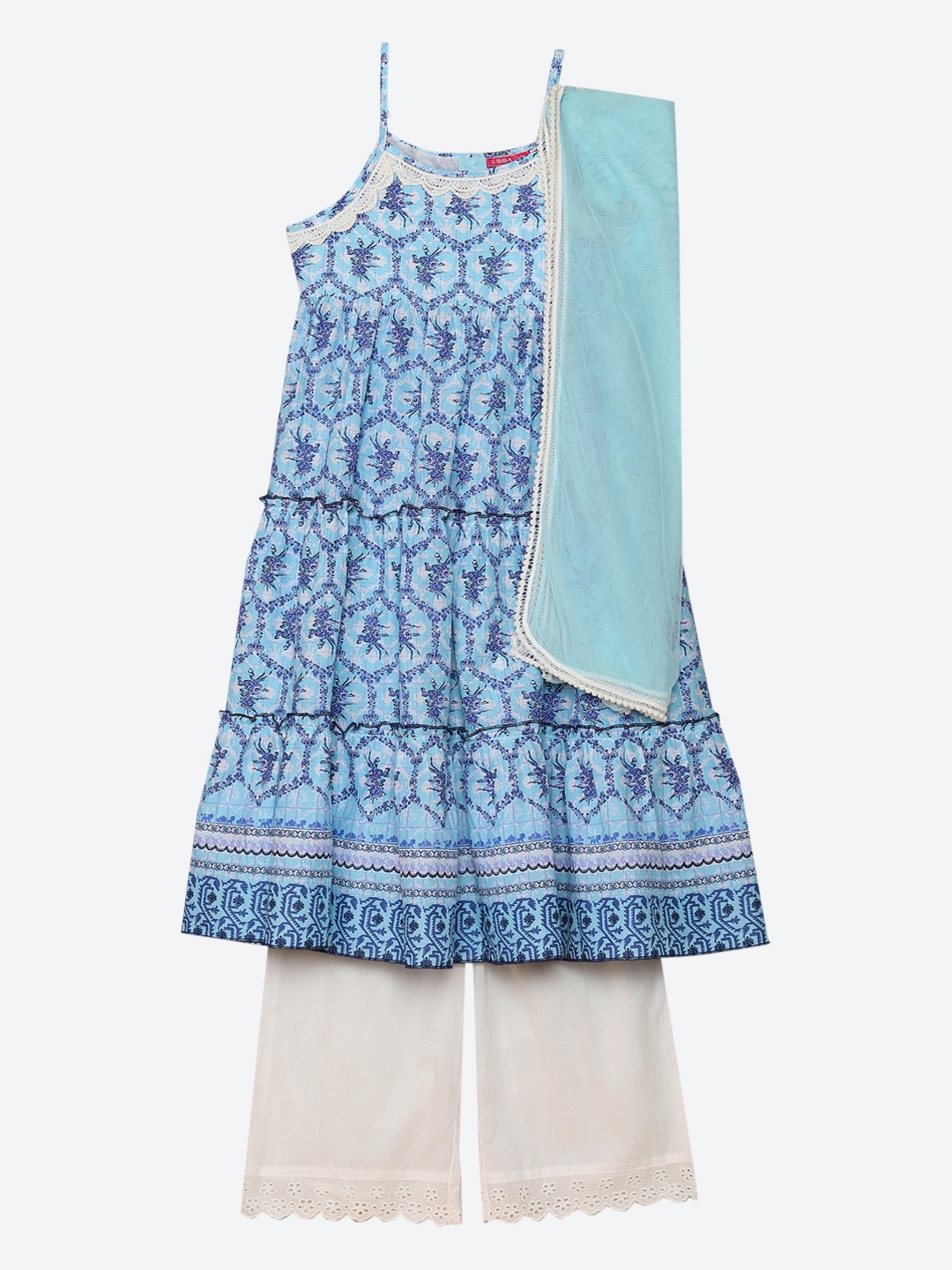 

Biba Girls Blue Floral Printed Empire Pure Cotton Kurta with Palazzos & With Dupatta