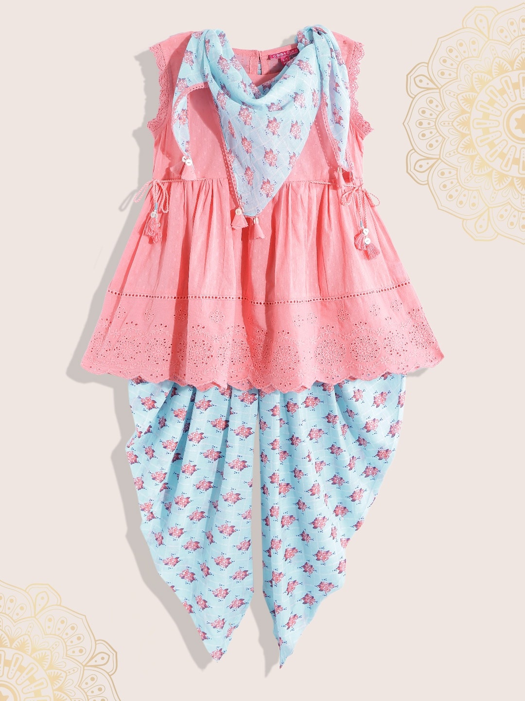 

Biba Girls Pink & Blue Pleated Pure Cotton Kurta & Salwar with Dupatta