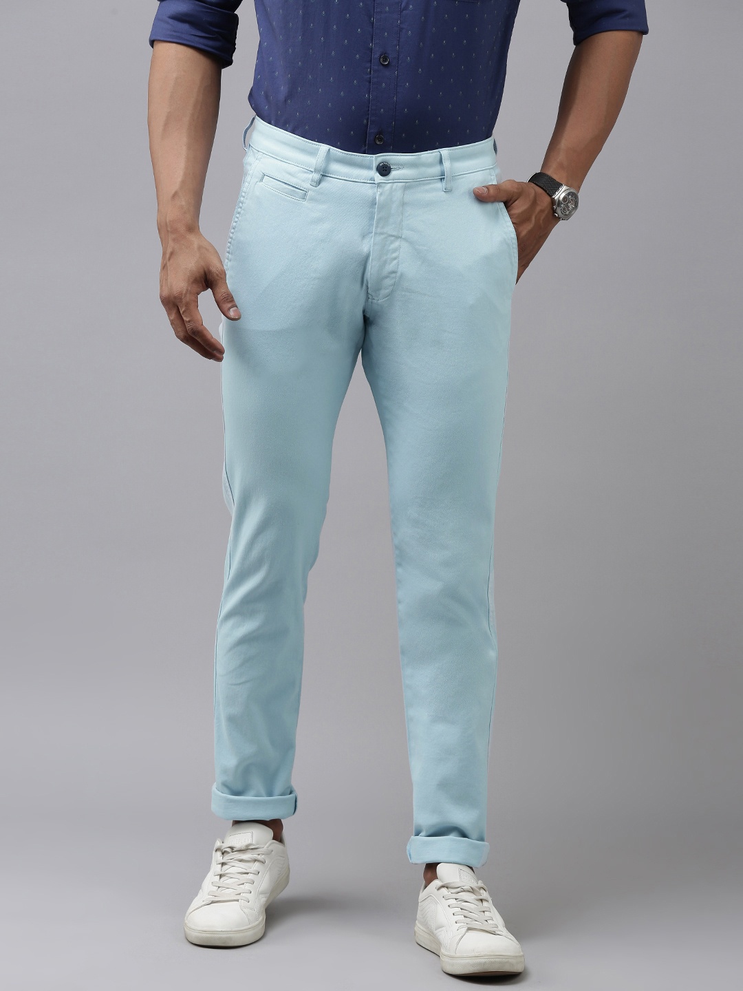

Van Heusen Sport Men Blue Striped Tapered Fit Chino Trousers
