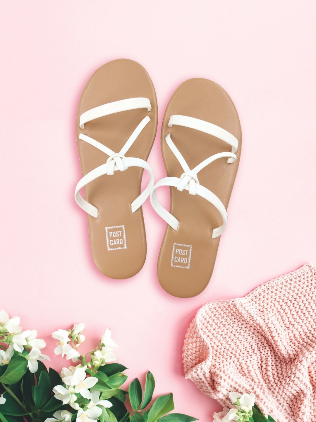 

POSTCARD Women White & Tan Brown Open Toe Flats