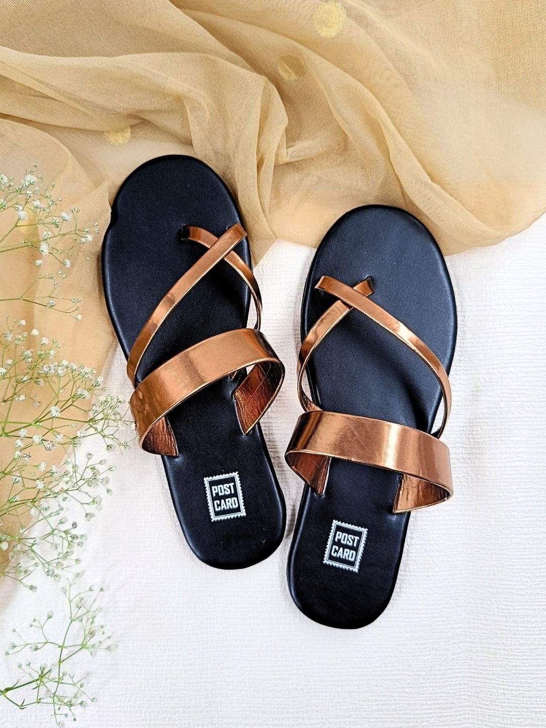 

POSTCARD Women Black Open Toe Flats with Bows