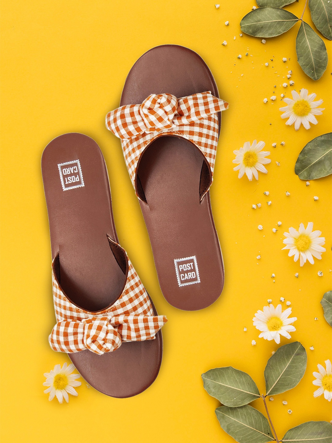 

POSTCARD Women Brown Printed Open Toe Flats with Bows