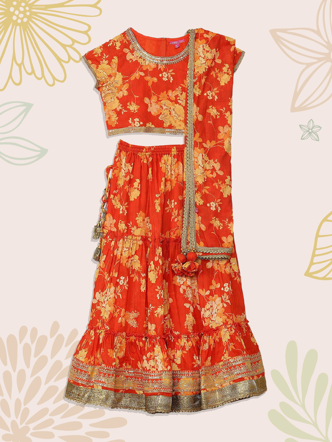 

Biba Girls Orange Floral Printed Lehenga Choli With Gota Patti Detail