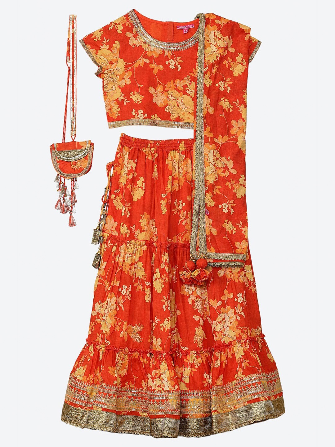 

Biba Girls Orange Ready to Wear Lehenga & Blouse With Dupatta