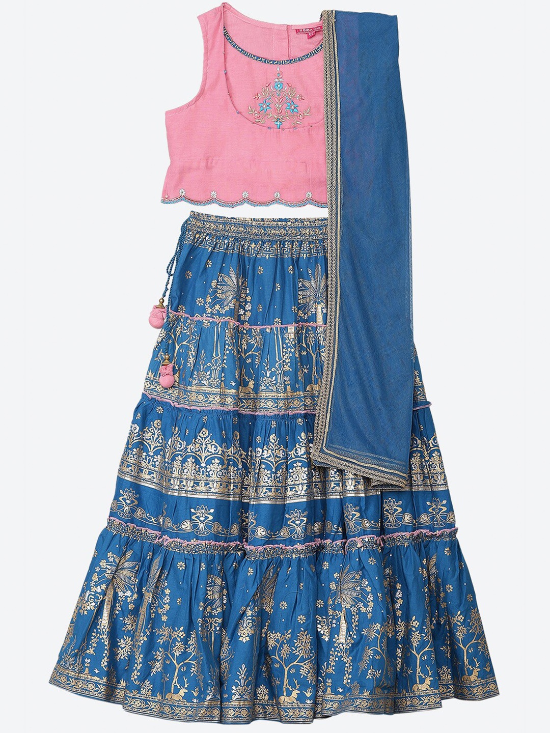 

Biba Girls Blue & Pink Embroidered Detsil Ready to Wear Lehenga & Blouse With Dupatta