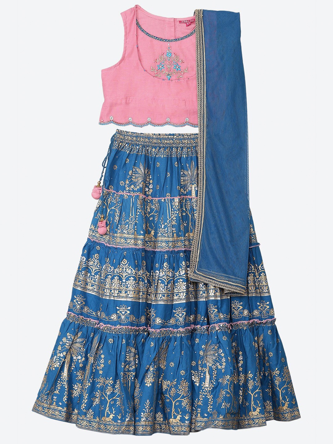 

Biba Girls Blue & Pink Embellished Ready to Wear Lehenga & Blouse With Dupatta