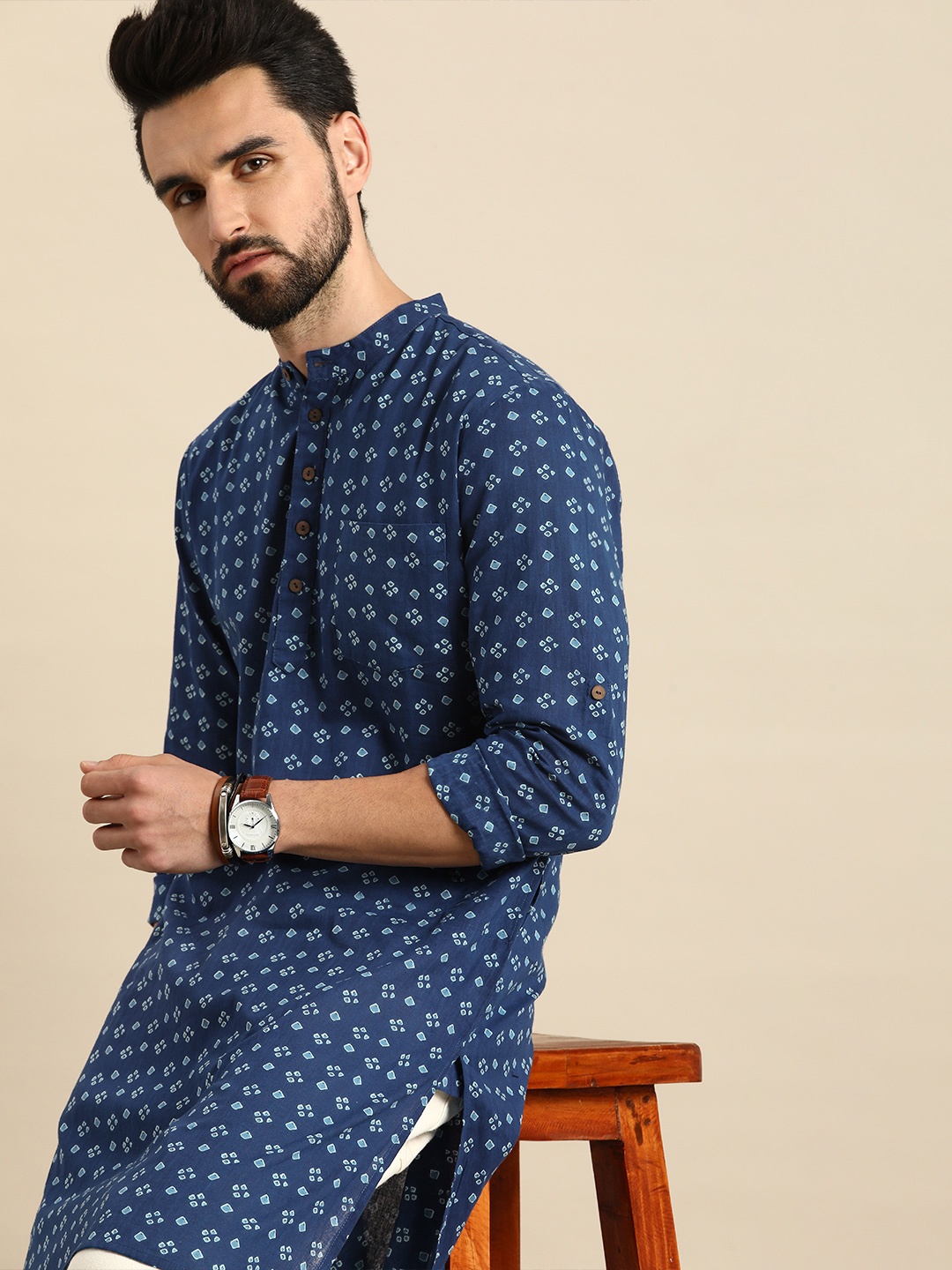 

Anouk Men Blue Geometric Printed Kurta