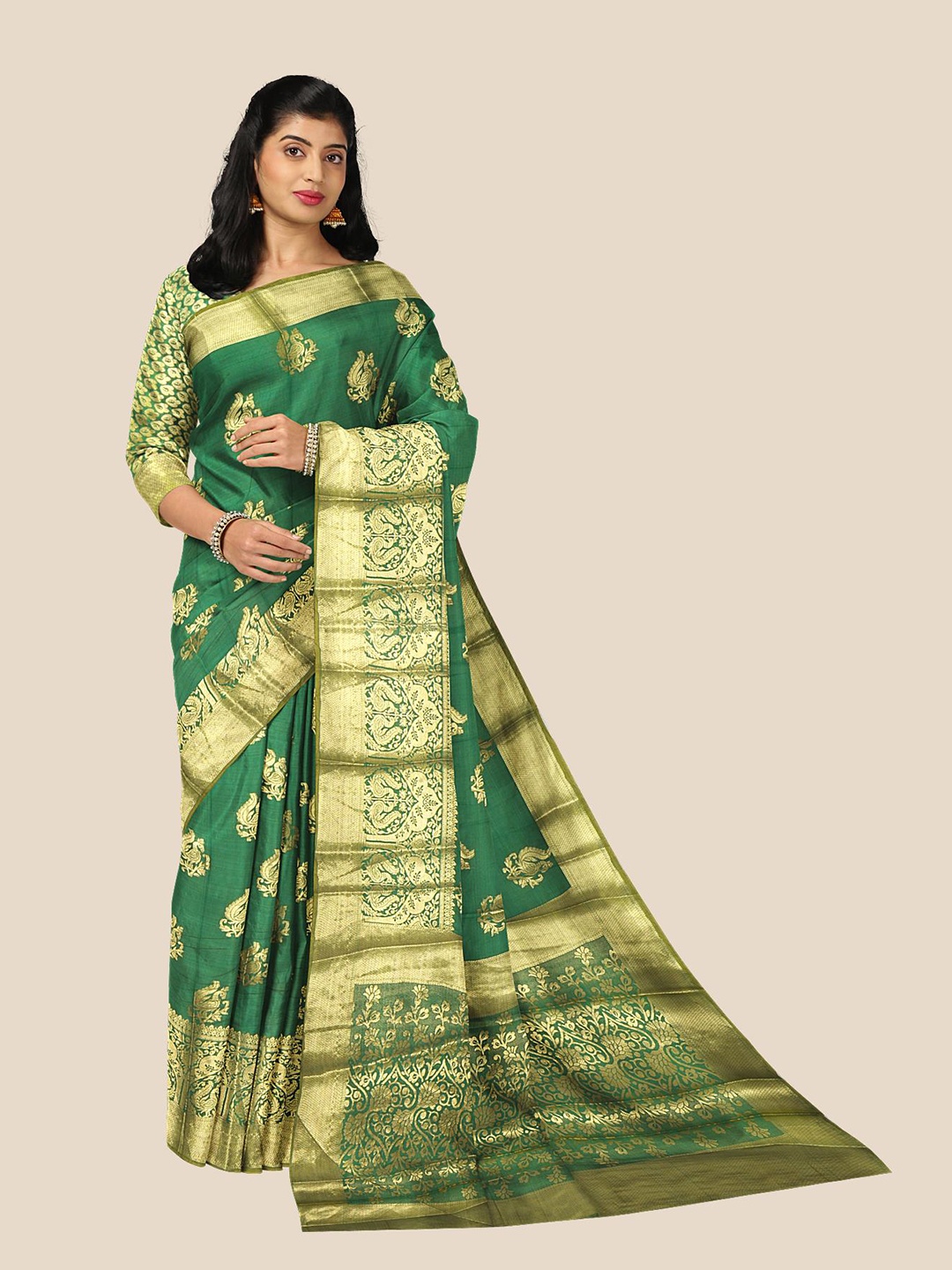 

Kalamandir Green & Gold-Toned Woven Design Silk Blend Saree