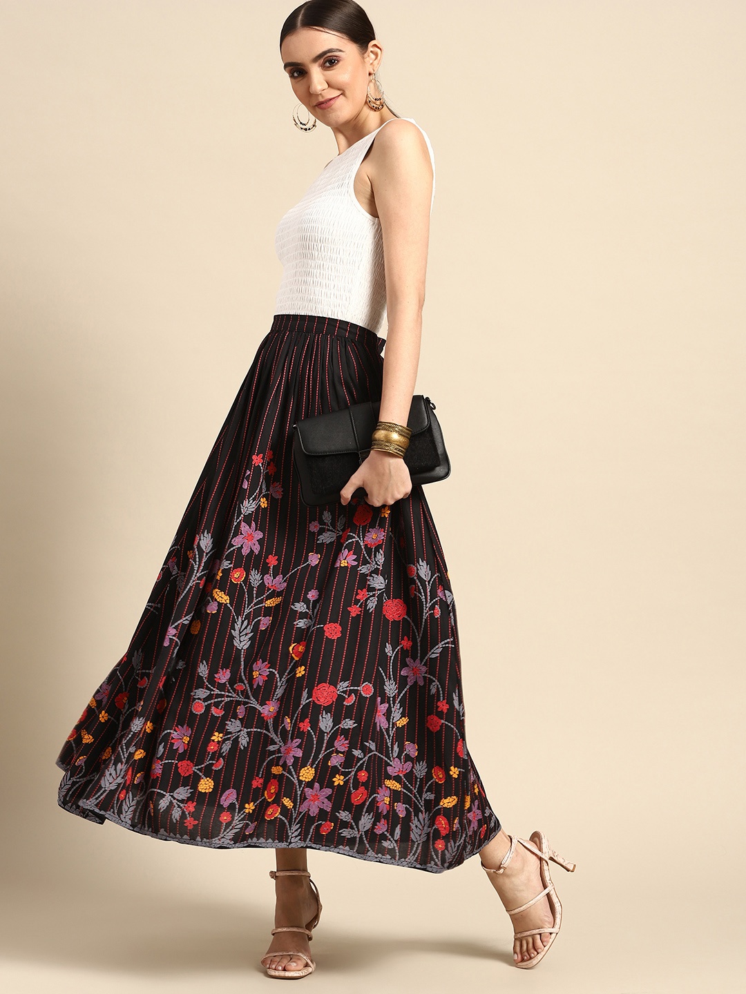

Anouk Women Black & Red Floral Printed Ethnic Flared Maxi Skirt