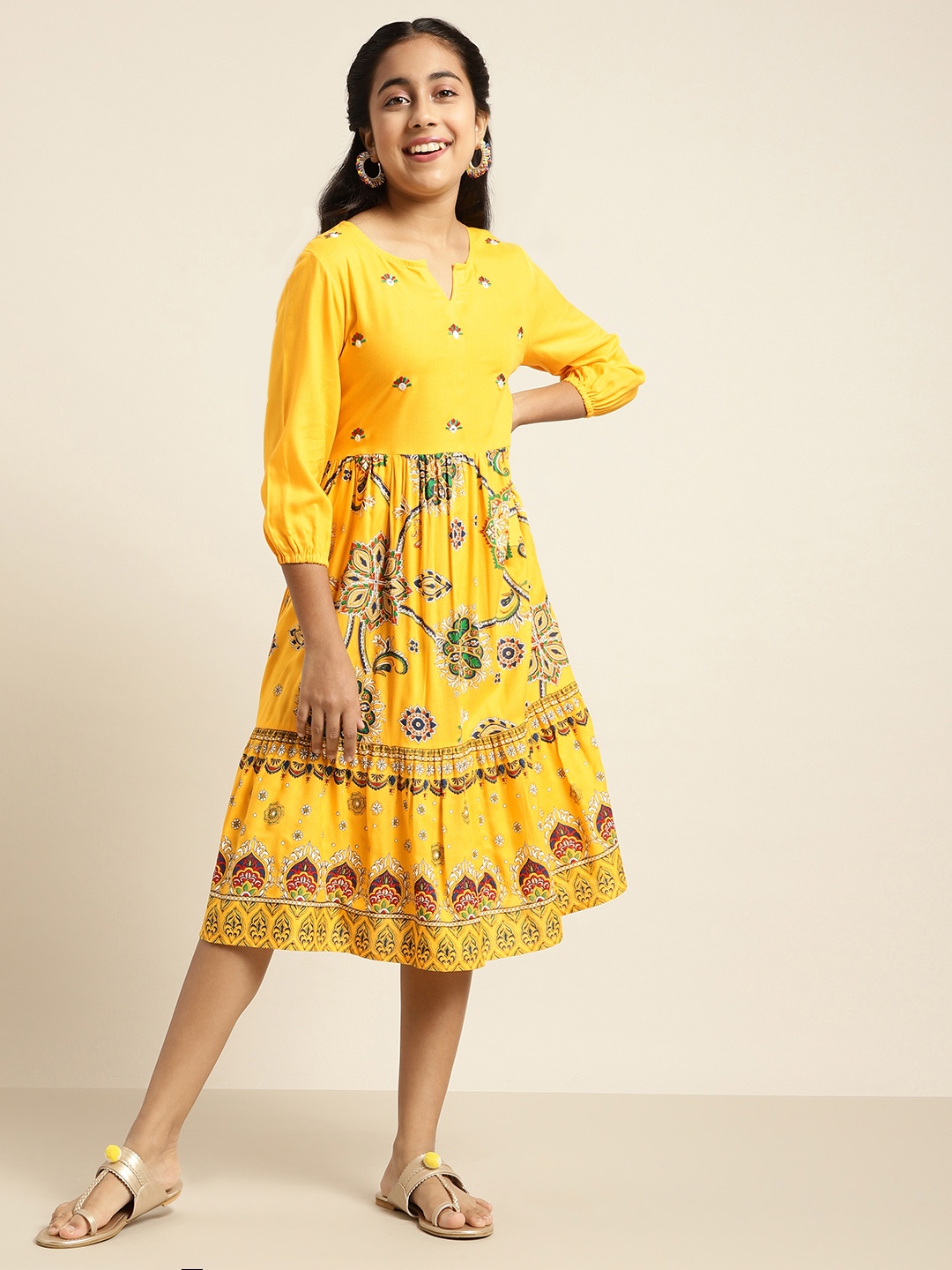 

Sangria Yellow Ethnic Motifs A-Line Midi Dress