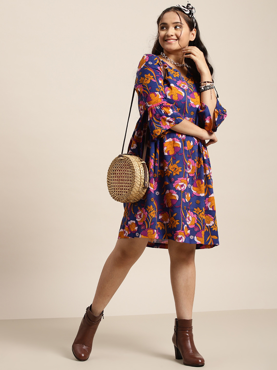 

Sangria Teen Blue & Pink Floral Fit and Flare Dress