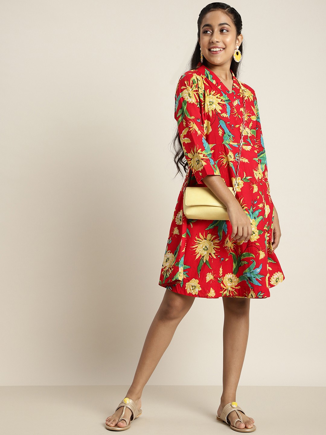 

Sangria Teen Girls Red & Yellow Floral Print Wrap Dress