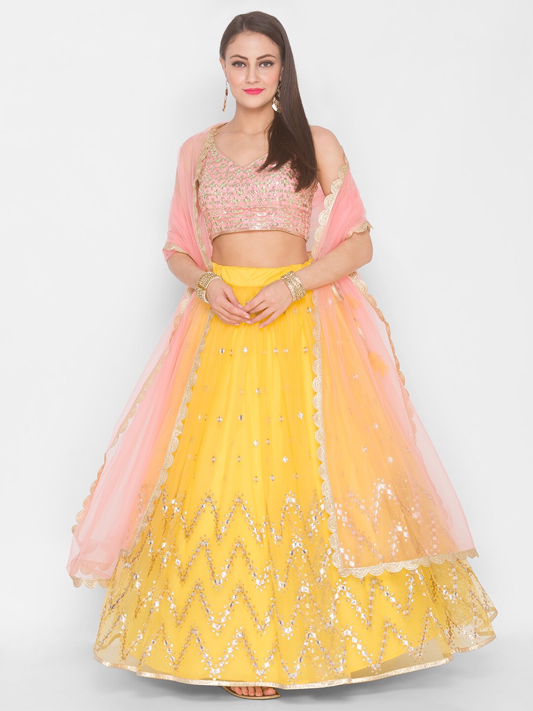 

6Y COLLECTIVE Yellow & Pink Embroidered Sequinned Semi-Stitched Lehenga & Unstitched Blouse With Dupatta
