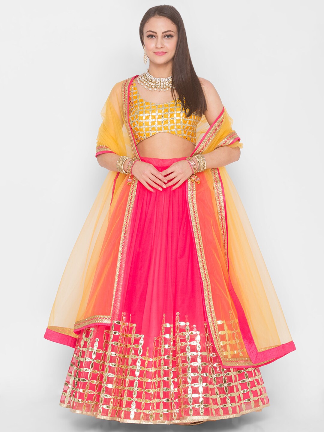 

6Y COLLECTIVE Pink & Yellow Semi-Stitched Lehenga & Unstitched Blouse With Dupatta