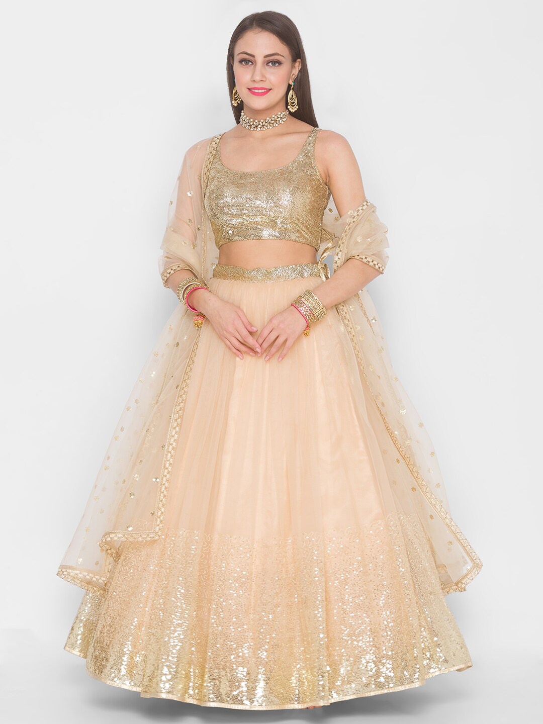 

6Y COLLECTIVE Beige & Golden Embellished Sequinned Semi-Stitched Lehenga Set